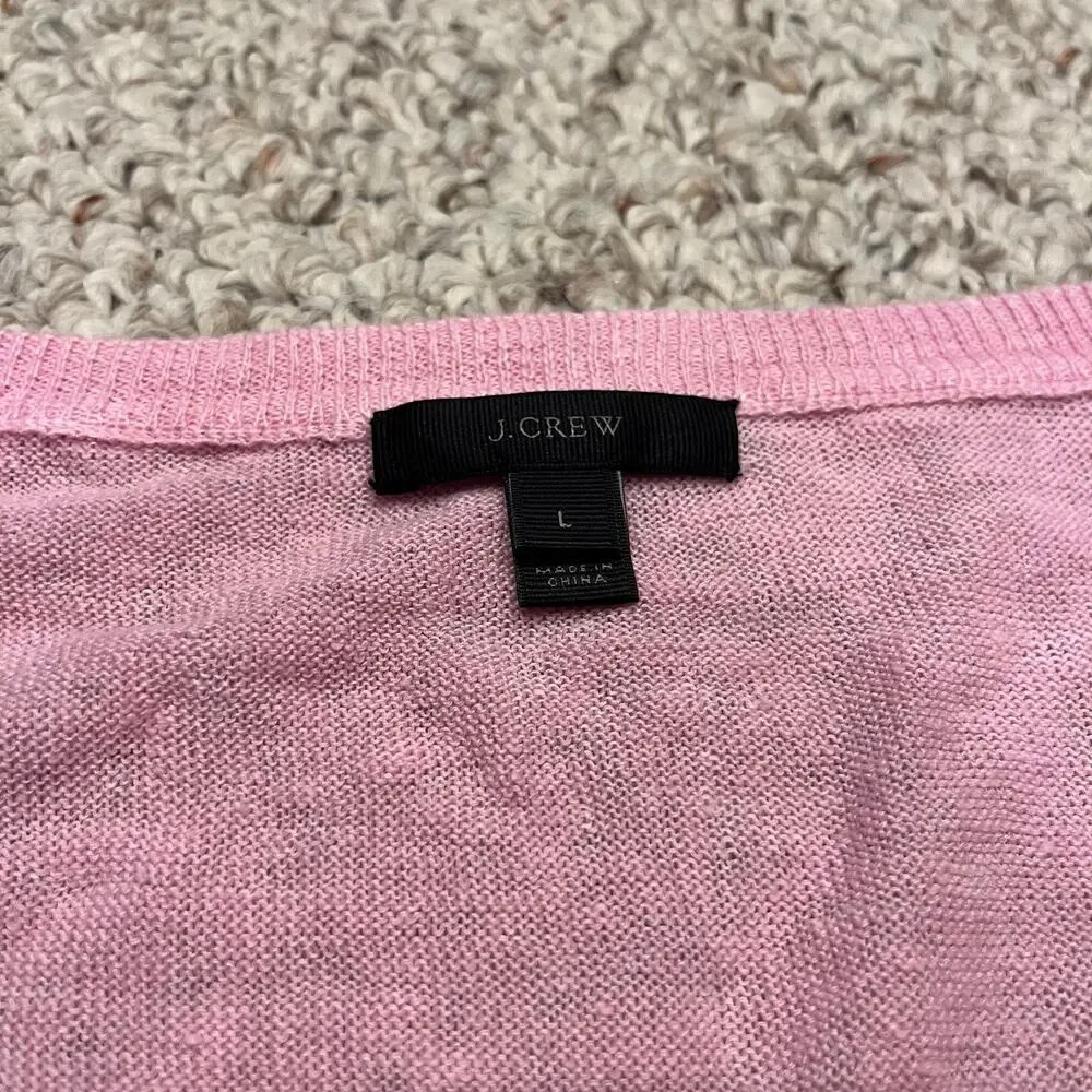 J Crew Linen Sweater Pom Pom Trim Pink L Feminine Lagenlook Coastal Classic